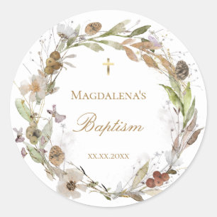 fall flowers wreath Baptism Invitation Classic Round Sticker