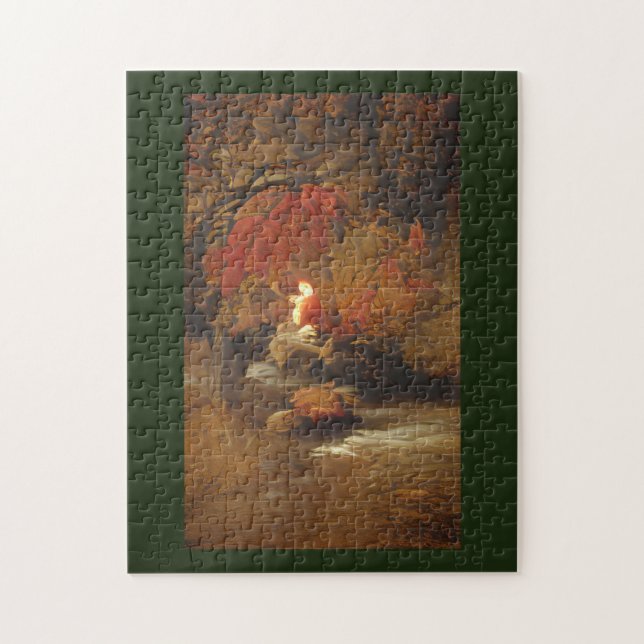 Fall foliage abstract art olive green background jigsaw puzzle (Vertical)