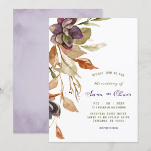 Fall Foliage and Succulent   Purple Watercolor Invitation