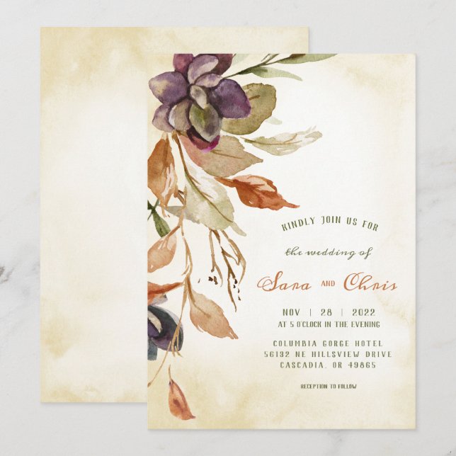 Fall Foliage and Succulent | Tan Watercolor Invitation (Front/Back)