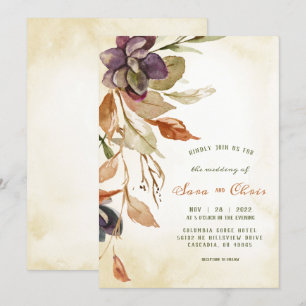 Fall Foliage and Succulent   Tan Watercolor Invitation