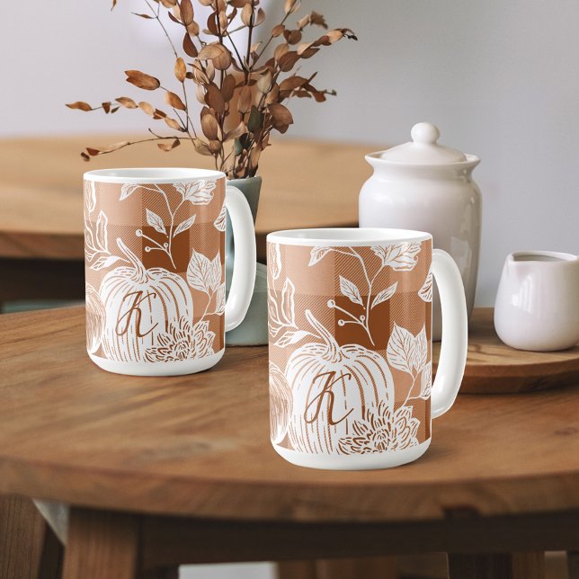 Fall Foliage Autumn Flowers & Pumpkin Orange Plaid Coffee Mug (Fall Foliage Autumn Flowers & Pumpkin Orange Plaid Coffee Mug)