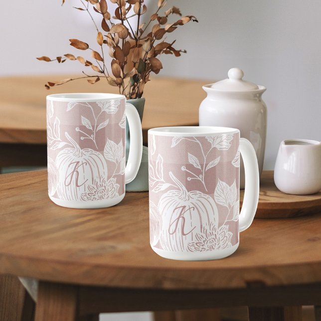 Fall Foliage Autumn Flowers & Pumpkins Pink Plaid Coffee Mug (Creator Uploaded)