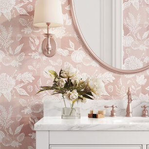 Fall Foliage Autumn Flowers & Pumpkins Pink Plaid  Wallpaper