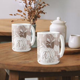 Fall Foliage Autumn Flowers & Pumpkins Taupe Plaid Coffee Mug