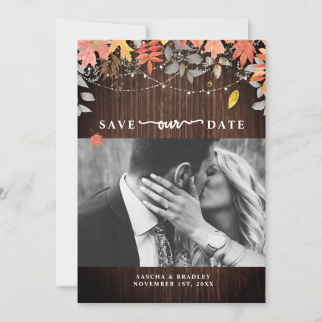 Fall Foliage Autumn Wedding Wood Lights Photo Save The Date (Front)