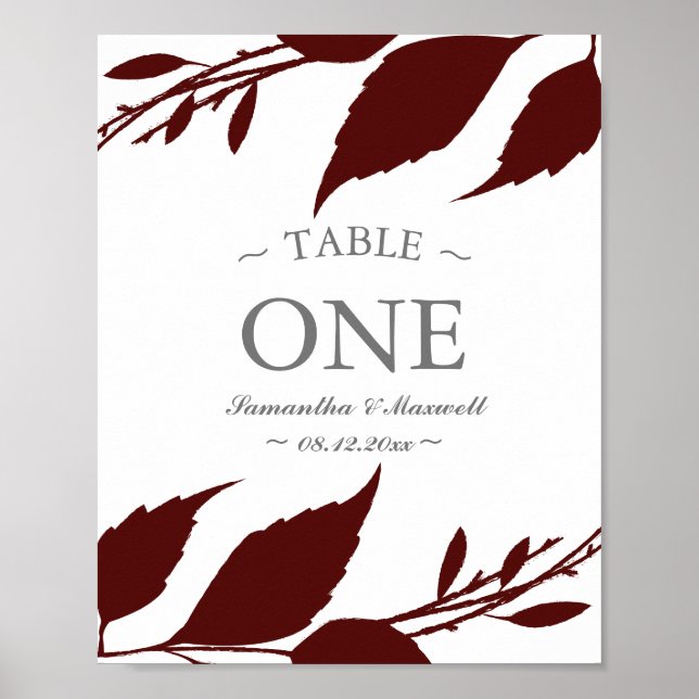 Fall Foliage Burgundy Leaves Table Number Poster (Front)