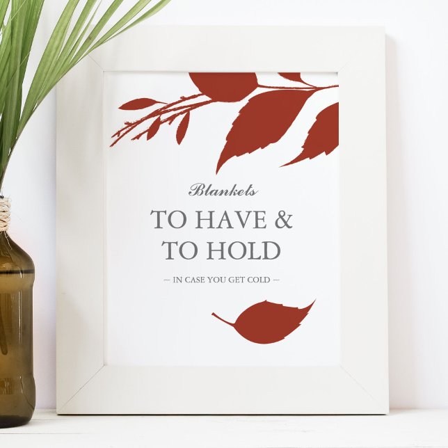 Fall Foliage Burnt Orange Leaves Wedding Sign (Wedding favors sign blankets. To Have & To Hold art and design by Victoria Grigaliunas)