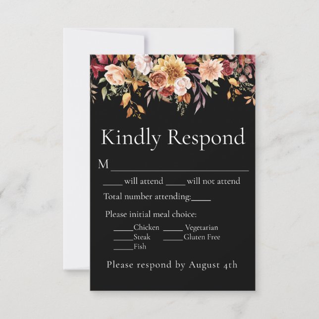 Fall Foliage Floral Black Wedding Response RSVP (Front)