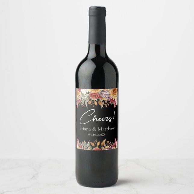 Fall Foliage Flowers Black and White Wedding Wine Label (Front)