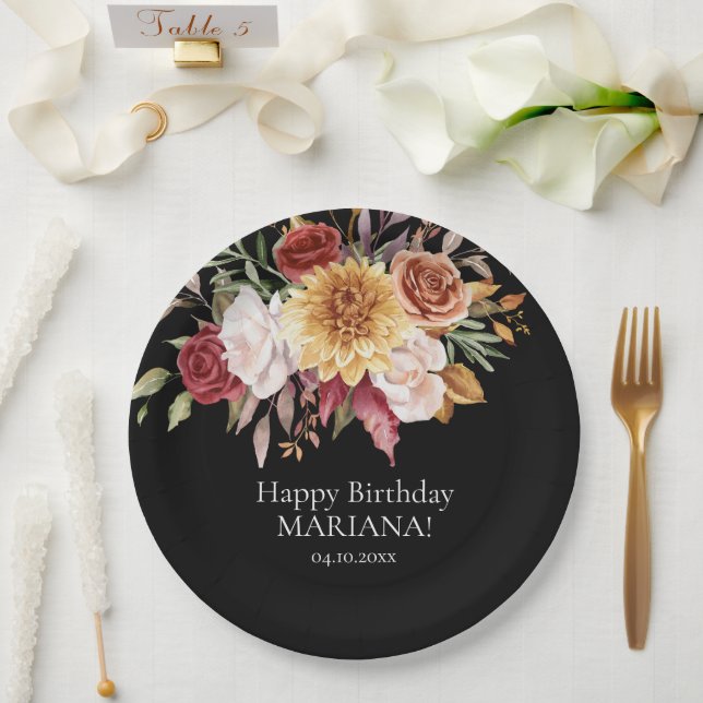 Fall Foliage Flowers Black Birthday Party Paper Plate (Wedding)