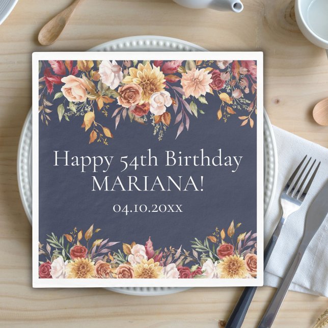 Fall Foliage Flowers Navy Blue Birthday Party Napkin (Creator Uploaded)