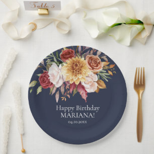 Fall Foliage Flowers Navy Blue Birthday Party Paper Plate