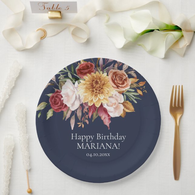 Fall Foliage Flowers Navy Blue Birthday Party Paper Plate (Wedding)