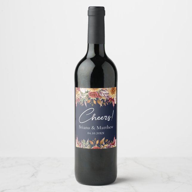 Fall Foliage Flowers Navy Blue Wedding Wine Label (Front)