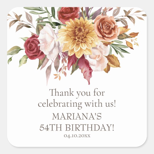 Fall Foliage Flowers White Birthday Party Favour Square Sticker (Front)