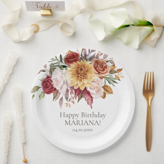 Fall Foliage Flowers White Birthday Party Paper Plate (Wedding)