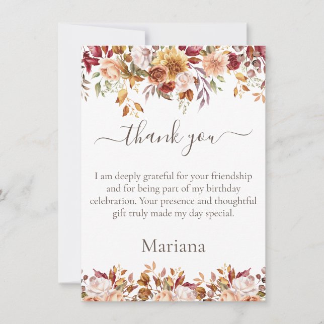 Fall Foliage Flowers White Thank You Card (Front)