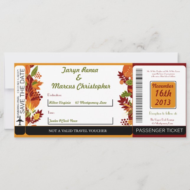Fall Foliage Leav Boarding Pass Wedding Invitation (Front)