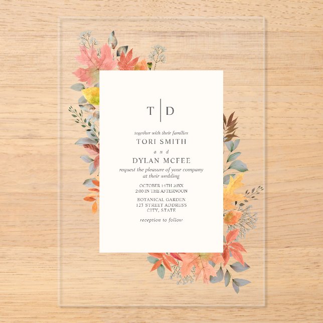 Fall Foliage Leaves Fall Monogram Wedding  Acrylic Invitations (Front)