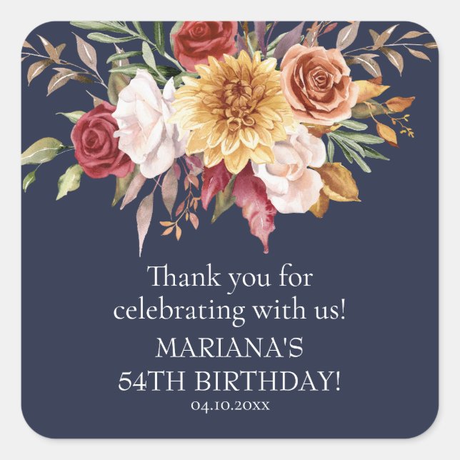 Fall Foliage Navy Blue Birthday Party Favour Square Sticker (Front)