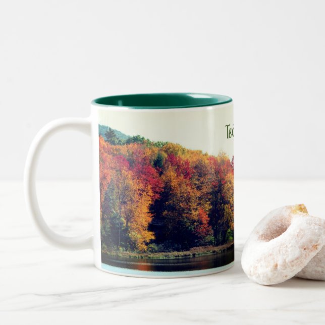 Fall Foliage Pond Nature Personalised Two-Tone Coffee Mug (With Donut)