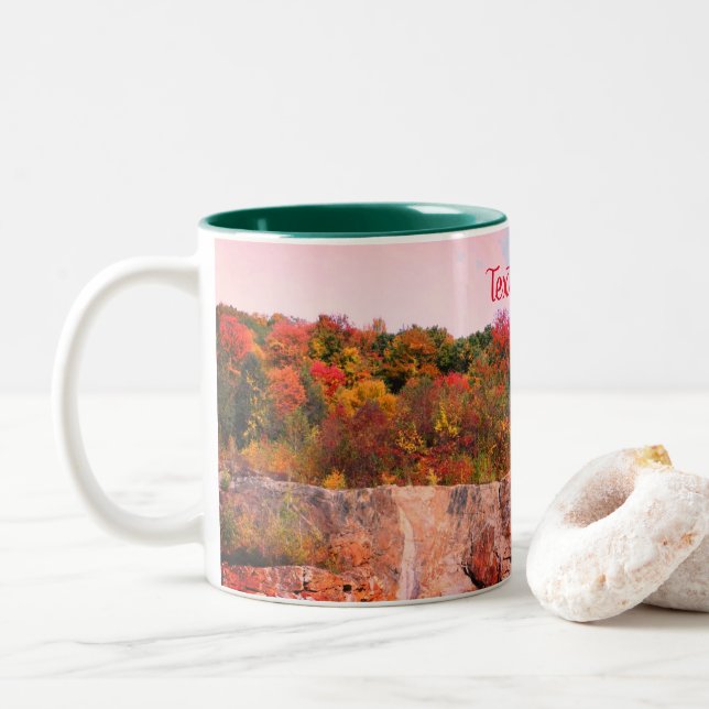 Fall Foliage Rock Cliff Nature Personalised Two-Tone Coffee Mug (With Donut)