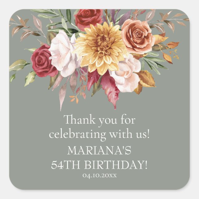 Fall Foliage Sage Green Birthday Party Favour Square Sticker (Front)