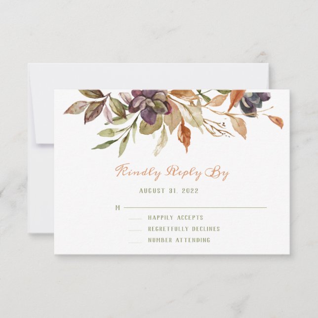 Fall Foliage & Succulent  Watercolor RSVP Card (Front)
