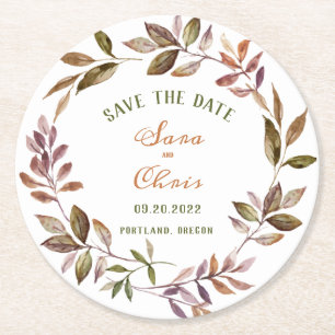 Fall Foliage & Succulent  Watercolor Save the Date Round Paper Coaster