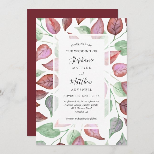 Fall Foliage Watercolor Burgundy Leaves Wedding Invitation (Front/Back)