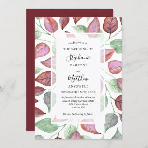 Fall Foliage Watercolor Burgundy Leaves Wedding Invitation