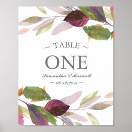 Fall Foliage Watercolor Leaves Table Number Poster