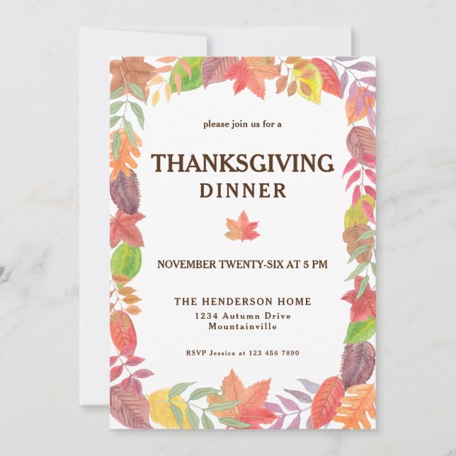 Fall Foliage Watercolor Thanksgiving Dinner Invitation (Front)