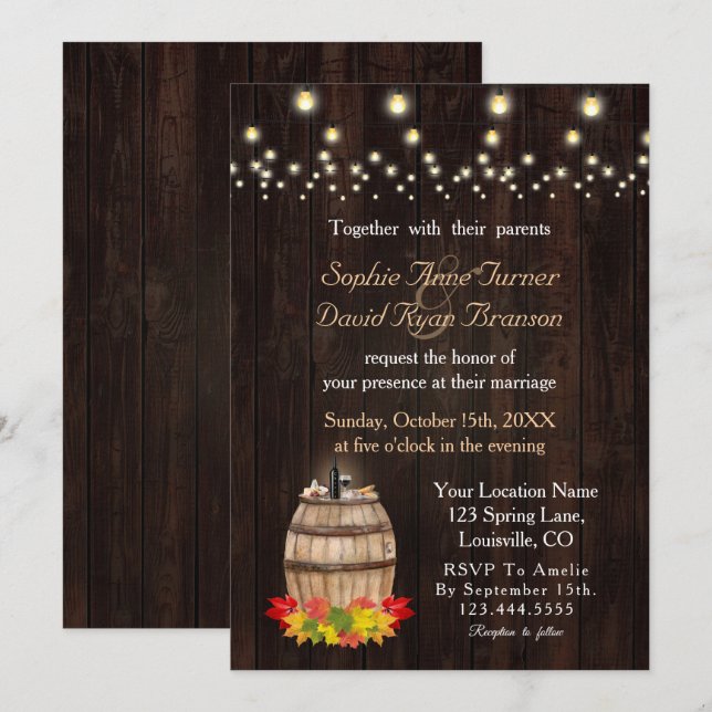 Fall Foliage Wine Barrel Vineyard Wedding Invitation (Front/Back)