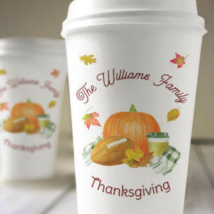 Fall Football Pumpkin Latte Watercolor Paper Cups
