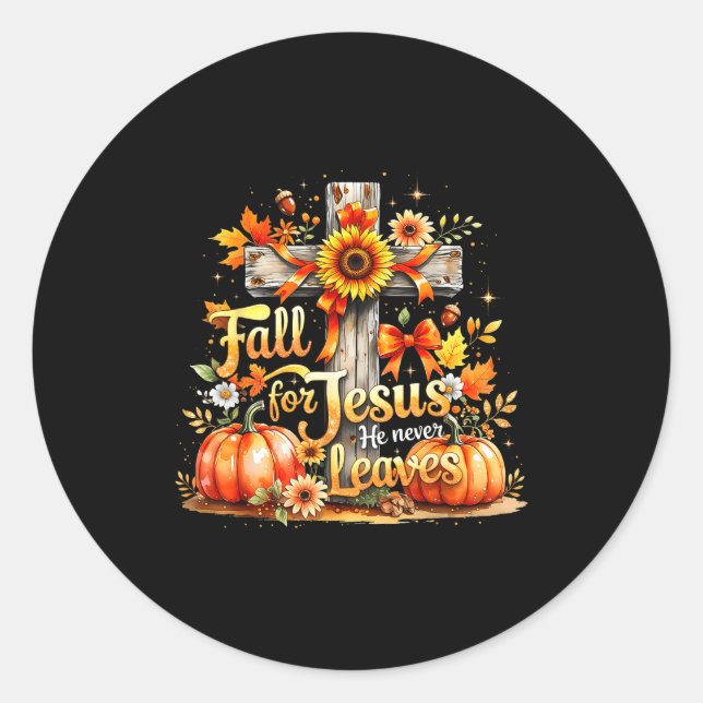 Fall For Jesus Christian Pumpkin Autumn Cross  Classic Round Sticker (Front)