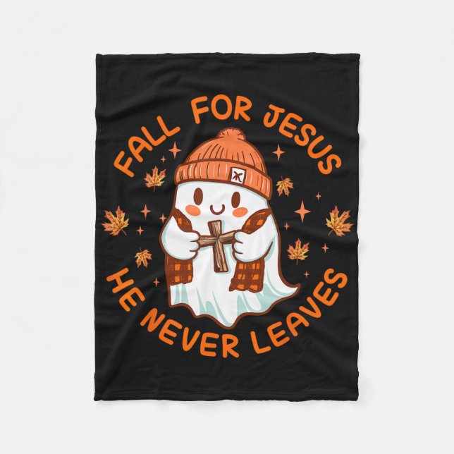 Fall For Jesus He Never Leave Cute Ghost Retro Hal Fleece Blanket (Front)