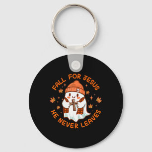 Fall For Jesus He Never Leave Cute Ghost Retro Hal Key Ring