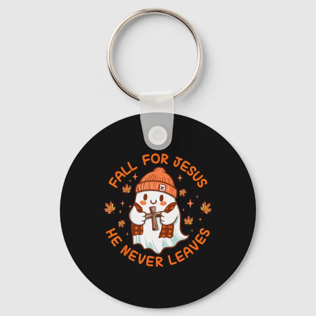 Fall For Jesus He Never Leave Cute Ghost Retro Hal Key Ring (Front)