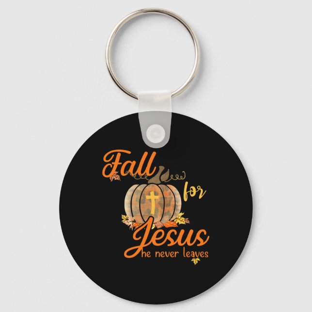Fall For Jesus He Never Leaves Leopard Pumpkin Chr Key Ring (Front)