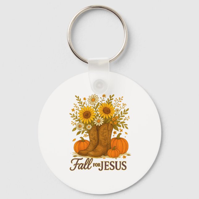 Fall For Jesus Western Boots Pumpkin Floral Faith  Key Ring (Front)