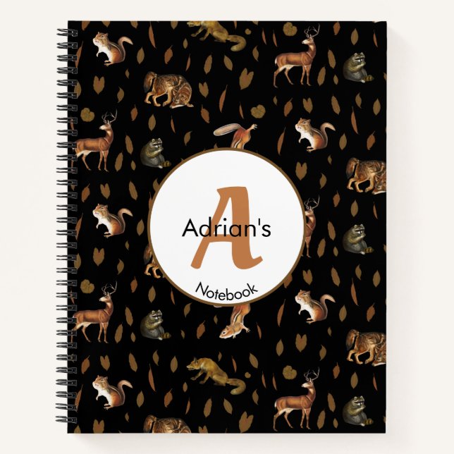 Fall Forest Animals Autumn Leaves Monogram School Notebook (Front)