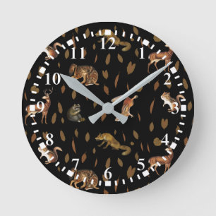 Fall Forest Animals Autumn Leaves  Round Clock