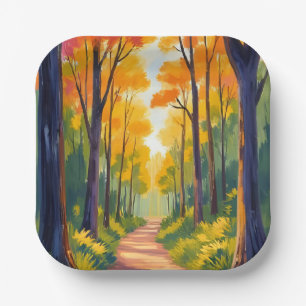 Fall Forest Path Autumn Foliage Watercolor Paper Plate