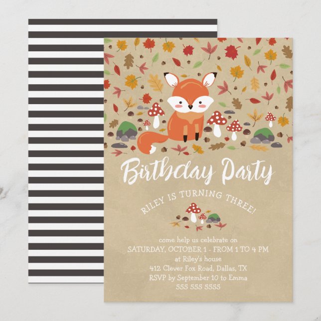 Fall Fox Kids Sandy Woodland Birthday Party Invitation (Front/Back)