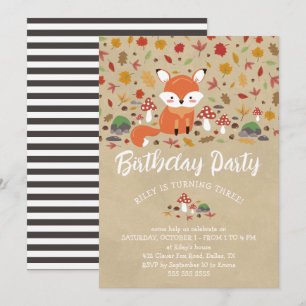 Fall Fox Kids Sandy Woodland Birthday Party Invitation