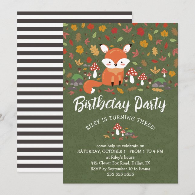 Fall Fox Kids Woodland Birthday Party Invitation (Front/Back)