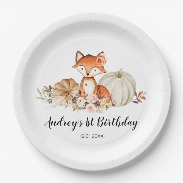 Fall Fox She Is a Wild One Birthday Paper Plate (Front)