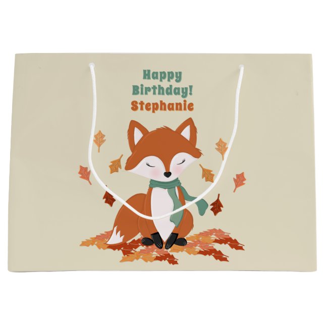Fall Fox Woodland Birthday Large Gift Bag (Front)